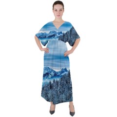 Winter Forest Mountain Snow Nature Alpine Trees V-neck Boho Style Maxi Dress by danenraven
