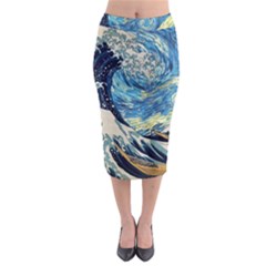 The Great Wave Of Kanagawa Painting Starry Night Vincent Van Gogh Midi Pencil Skirt by danenraven