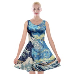 The Great Wave Of Kanagawa Painting Starry Night Vincent Van Gogh Velvet Skater Dress by danenraven