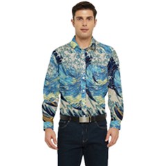 The Great Wave Of Kanagawa Painting Starry Night Vincent Van Gogh Men s Long Sleeve Pocket Shirt  by danenraven