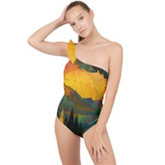 Trees Mountains Sun Sunrise Warm Red Yellow Frilly One Shoulder Swimsuit by danenraven