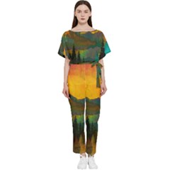 Trees Mountains Sun Sunrise Warm Red Yellow Batwing Lightweight Chiffon Jumpsuit