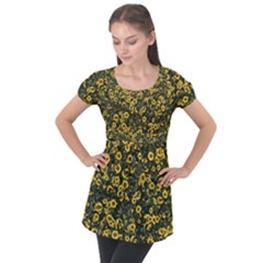 Sunflowers Yellow Flowers Flowers Digital Drawing Puff Sleeve Tunic Top by Ravend
