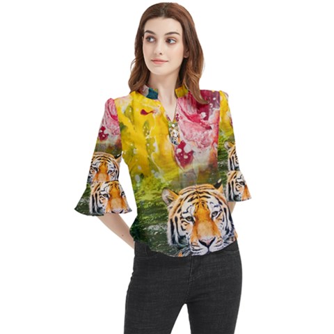 Rainbow Painted Nature Bigcat Loose Horn Sleeve Chiffon Blouse by Sparkle