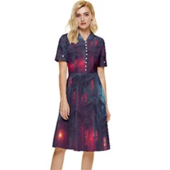 Haunted House Halloween Cemetery Moonlight Button Top Knee Length Dress by Pakemis