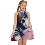 Cute Kitten Kitten Animal Wildlife 3d Kids  Halter Collar Waist Tie Chiffon Dress