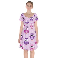 Seamless Cute Colourfull Owl Kids Pattern Short Sleeve Bardot Dress by Pakemis
