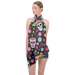 Day Dead Skull With Floral Ornament Flower Seamless Pattern Halter Asymmetric Satin Top