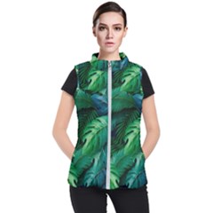Tropical Green Leaves Background Women s Puffer Vest by Pakemis