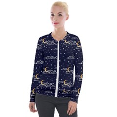 Hand Drawn Scratch Style Night Sky With Moon Cloud Space Among Stars Seamless Pattern Vector Design Velvet Zip Up Jacket by Pakemis