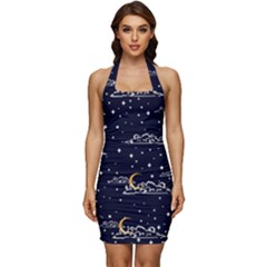 Hand Drawn Scratch Style Night Sky With Moon Cloud Space Among Stars Seamless Pattern Vector Design Sleeveless Wide Square Neckline Ruched Bodycon Dress by Pakemis