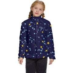Seamless Pattern With Cartoon Zodiac Constellations Starry Sky Kids  Puffer Bubble Jacket Coat by Pakemis