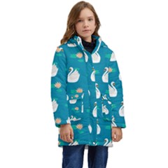 Elegant Swan Pattern With Water Lily Flowers Kid s Hooded Longline Puffer Jacket by Pakemis