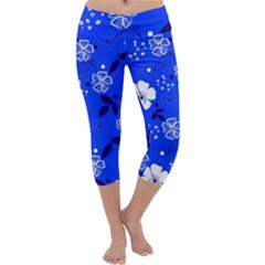 Blooming-seamless-pattern-blue-colors Capri Yoga Leggings by Pakemis