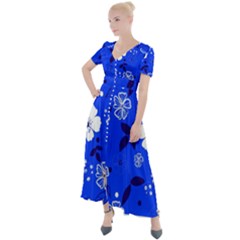Blooming-seamless-pattern-blue-colors Button Up Short Sleeve Maxi Dress by Pakemis