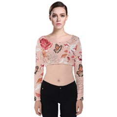 Beautiful-seamless-spring-pattern-with-roses-peony-orchid-succulents Velvet Long Sleeve Crop Top by Pakemis