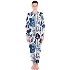 Indigo-watercolor-floral-seamless-pattern Onepiece Jumpsuit (ladies) by Pakemis
