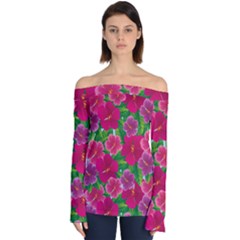 Background-cute-flowers-fuchsia-with-leaves Off Shoulder Long Sleeve Top by Pakemis