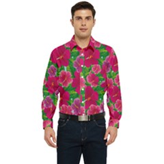 Background-cute-flowers-fuchsia-with-leaves Men s Long Sleeve Pocket Shirt  by Pakemis