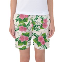 Cute-pink-flowers-with-leaves-pattern Women s Basketball Shorts