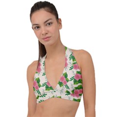 Cute-pink-flowers-with-leaves-pattern Halter Plunge Bikini Top