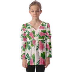 Cute-pink-flowers-with-leaves-pattern Kids  V Neck Casual Top