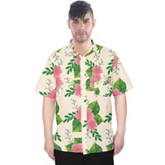 Cute-pink-flowers-with-leaves-pattern Men s Hawaii Shirt