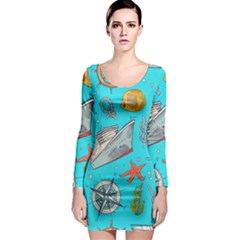 Colored-sketched-sea-elements-pattern-background-sea-life-animals-illustration Long Sleeve Bodycon Dress