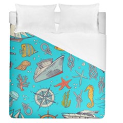 Colored-sketched-sea-elements-pattern-background-sea-life-animals-illustration Duvet Cover (queen Size)