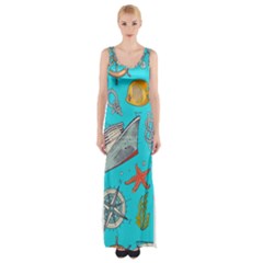 Colored-sketched-sea-elements-pattern-background-sea-life-animals-illustration Thigh Split Maxi Dress