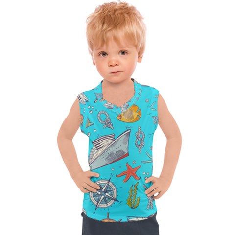 Colored-sketched-sea-elements-pattern-background-sea-life-animals-illustration Kids  Sport Tank Top by Pakemis