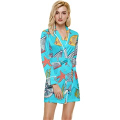 Colored-sketched-sea-elements-pattern-background-sea-life-animals-illustration Long Sleeve Satin Robe