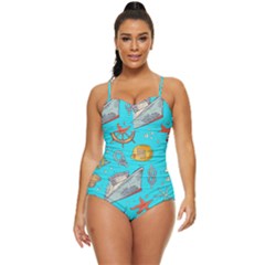 Colored-sketched-sea-elements-pattern-background-sea-life-animals-illustration Retro Full Coverage Swimsuit