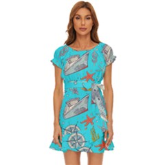 Colored-sketched-sea-elements-pattern-background-sea-life-animals-illustration Puff Sleeve Frill Dress