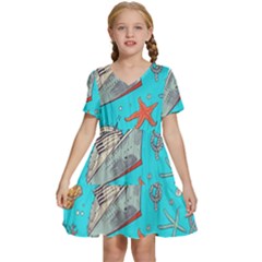 Colored-sketched-sea-elements-pattern-background-sea-life-animals-illustration Kids  Short Sleeve Tiered Mini Dress