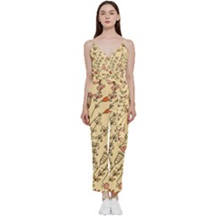 Seamless-pattern-with-different-flowers V-neck Spaghetti Strap Tie Front Jumpsuit