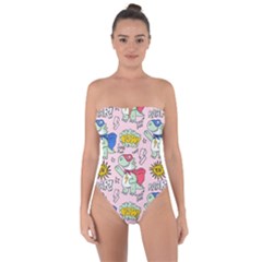 Seamless-pattern-with-many-funny-cute-superhero-dinosaurs-t-rex-mask-cloak-with-comics-style-inscrip Tie Back One Piece Swimsuit by Pakemis