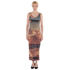 Sunset River Sky Clouds Nature Nostalgic Mountain Fitted Maxi Dress by Uceng