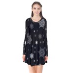 Christmas Snowflake Seamless Pattern With Tiled Falling Snow Long Sleeve V-neck Flare Dress