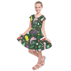 Dinosaur Colorful Funny Christmas Pattern Kids  Short Sleeve Dress by Uceng