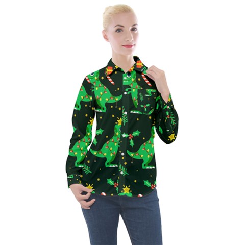 Christmas Funny Pattern Dinosaurs Women s Long Sleeve Pocket Shirt by Uceng