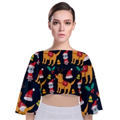 Funny Christmas Pattern Background Tie Back Butterfly Sleeve Chiffon Top by Uceng