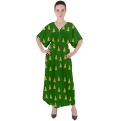 Green Christmas Trees Green V-neck Boho Style Maxi Dress by TetiBright