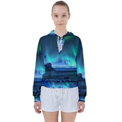 Green Aurora Lights-over Rocky Shore During Night Time Women s Tie Up Sweat by danenraven
