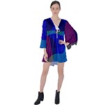 Blue Abstract 1118 - Groovy Blue And Purple Art V-Neck Flare Sleeve Mini Dress