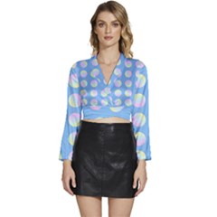 Abstract Stylish Design Pattern Blue Long Sleeve Tie Back Satin Wrap Top by brightlightarts