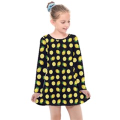 Yellow Lemon And Slices Black Kids  Long Sleeve Dress by FunDressesShop