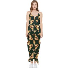 Pizza Slices Pattern Green Sleeveless Tie Ankle Chiffon Jumpsuit by TetiBright