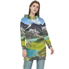 Aerial View Of Mountain And Body Of Water Women s Long Oversized Pullover Hoodie