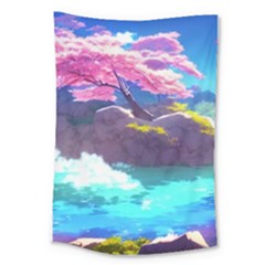 Fantasy Japan Mountains Cherry Blossoms Nature Large Tapestry by Uceng